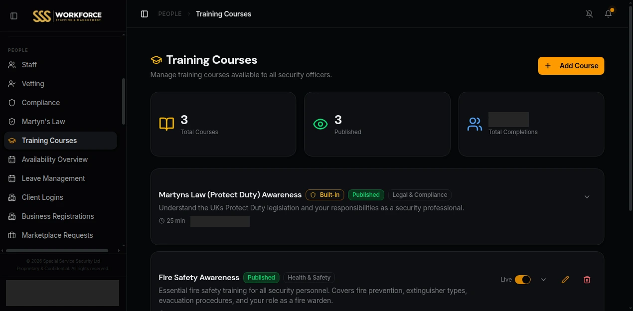 SSS management console showing training-course administration, with account details and activity totals masked