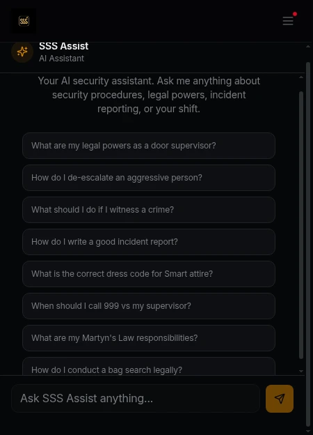 The distinct SSS staff interface showing SSS Assist procedural guidance topics
