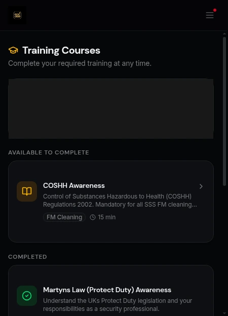Staff training-course screen with individual progress securely masked